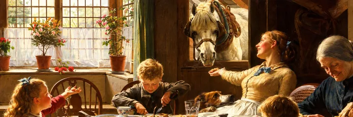 A painted scene of a family sharing a meal in a sunlit farmhouse kitchen