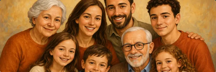 A painted portrait of three generations of a family smiling together
